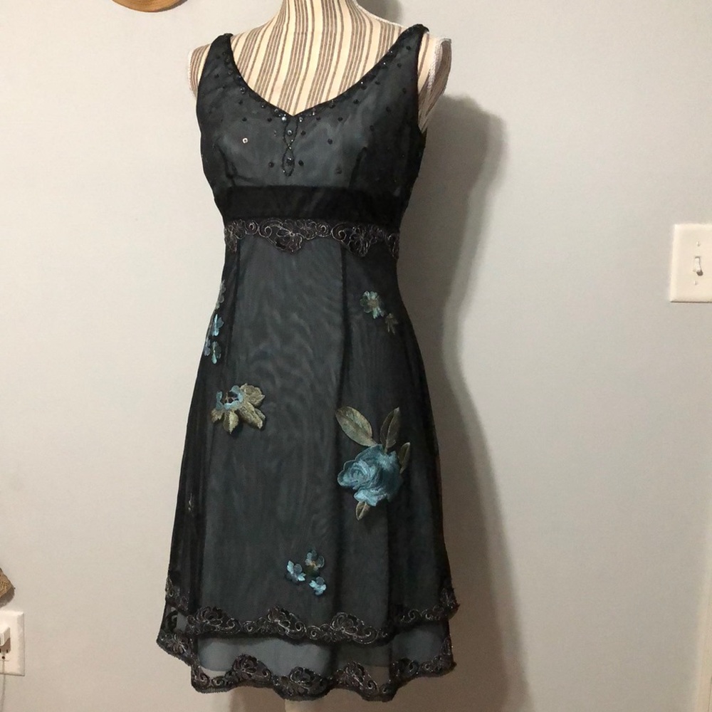 Adrianna Papell petite embroidered embellished silk lined sleeveless party dress